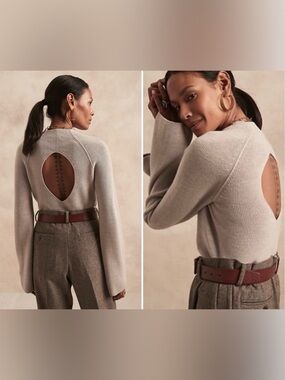 EUC Banana Republic Merino Cutout Spring Sweater Modern Elegant Neutral Stone L